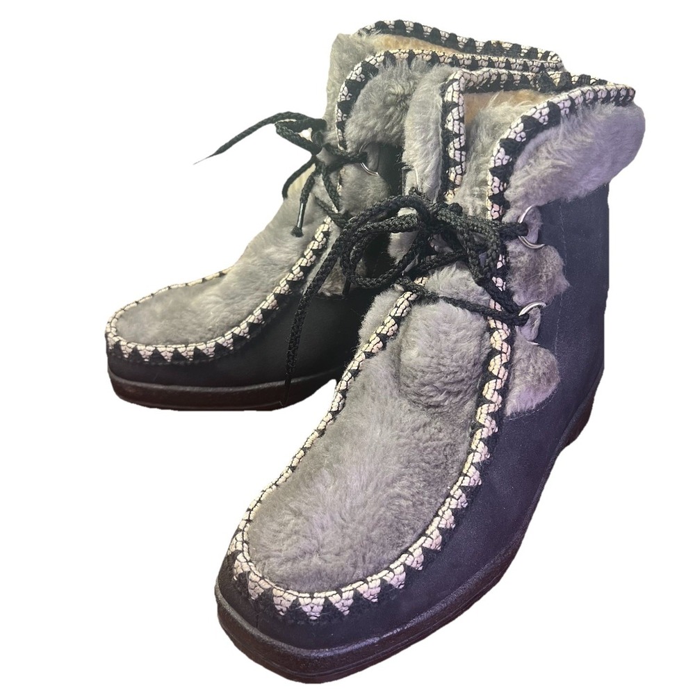 Vintage 60s Snowland Fleece Lined Suede Leather Nordic Snow Boots Black Size 8 - Picture 4 of 6